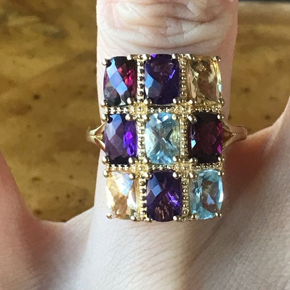Multi Gemstone Sterling Silver Yellow Gold Vermeil Art Deco Ring Size 6